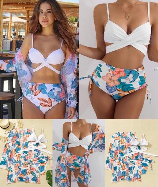 Women’s 3 pc white bikini and multi colour coat mini short panty swimwear