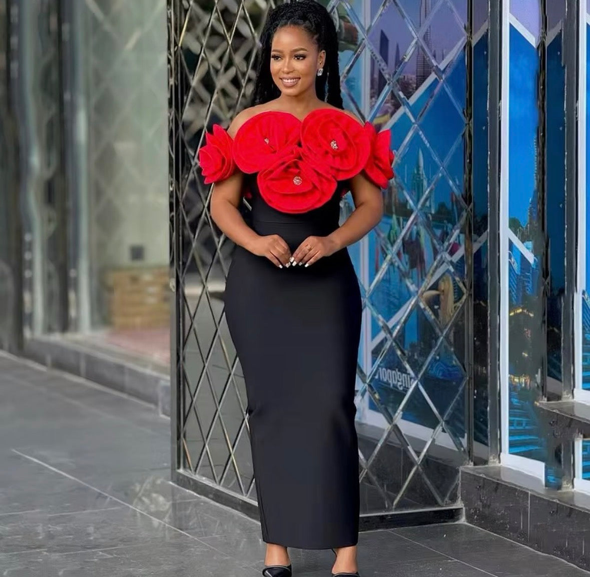 Women’s unique black white roses sleeveless long dress