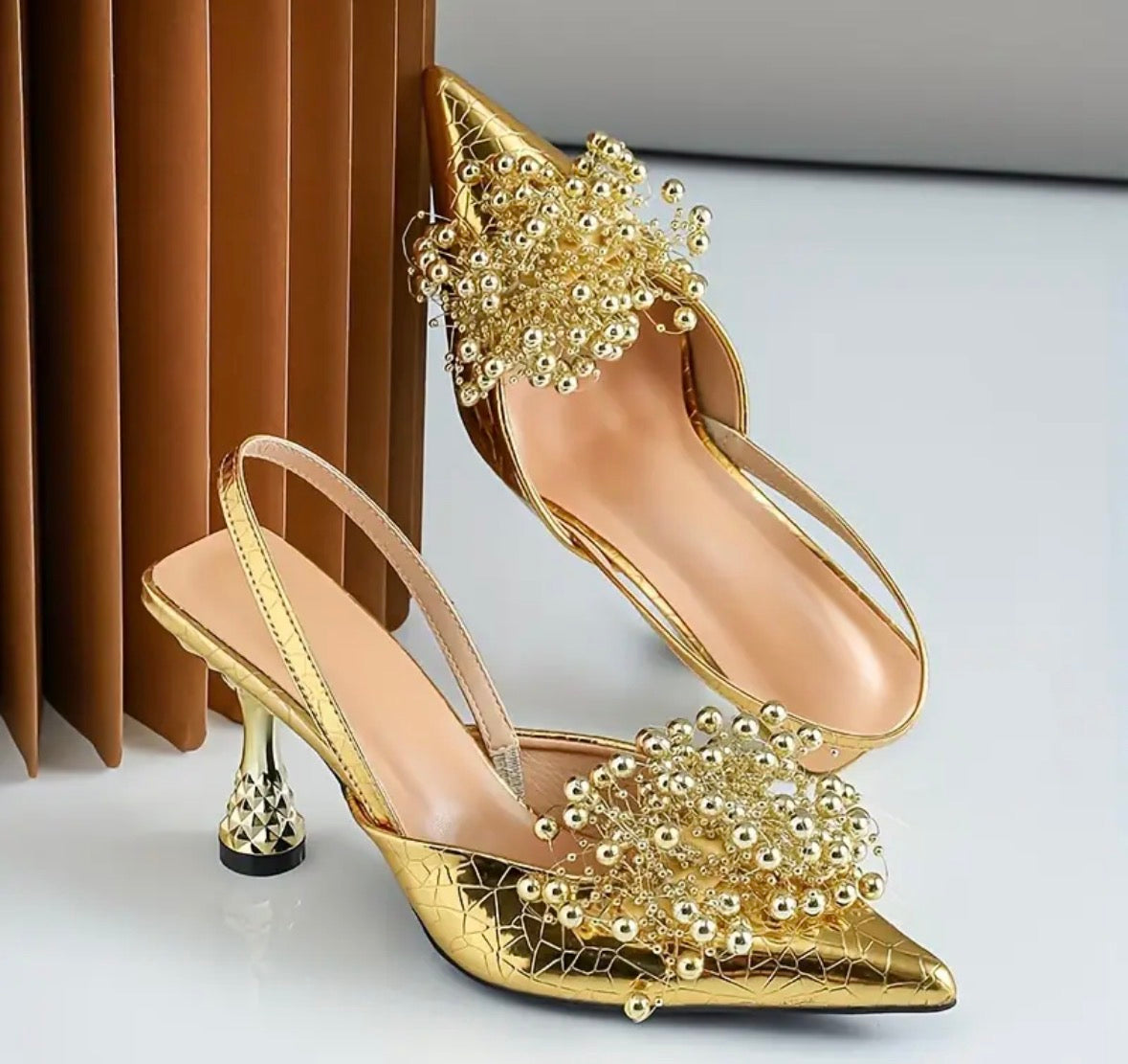 Women’s gold elegant metallic bead point toe sling back pump outdoor heels