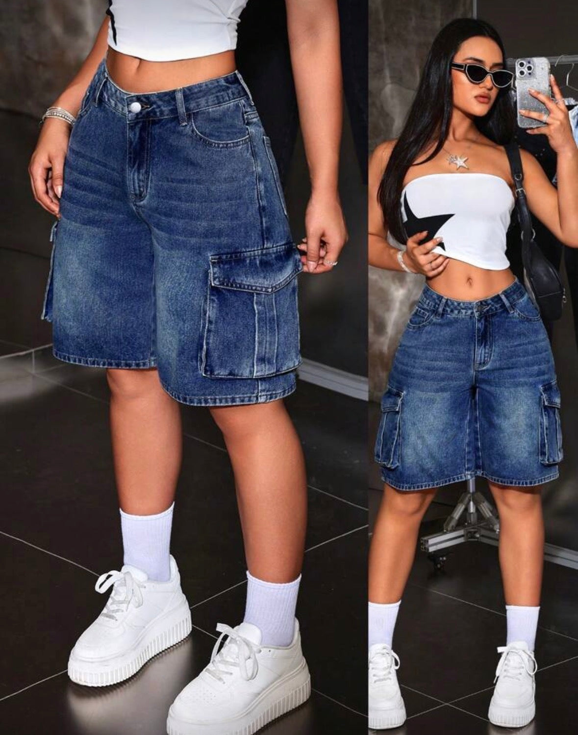 Dark blue street pocket Jean shorts for women