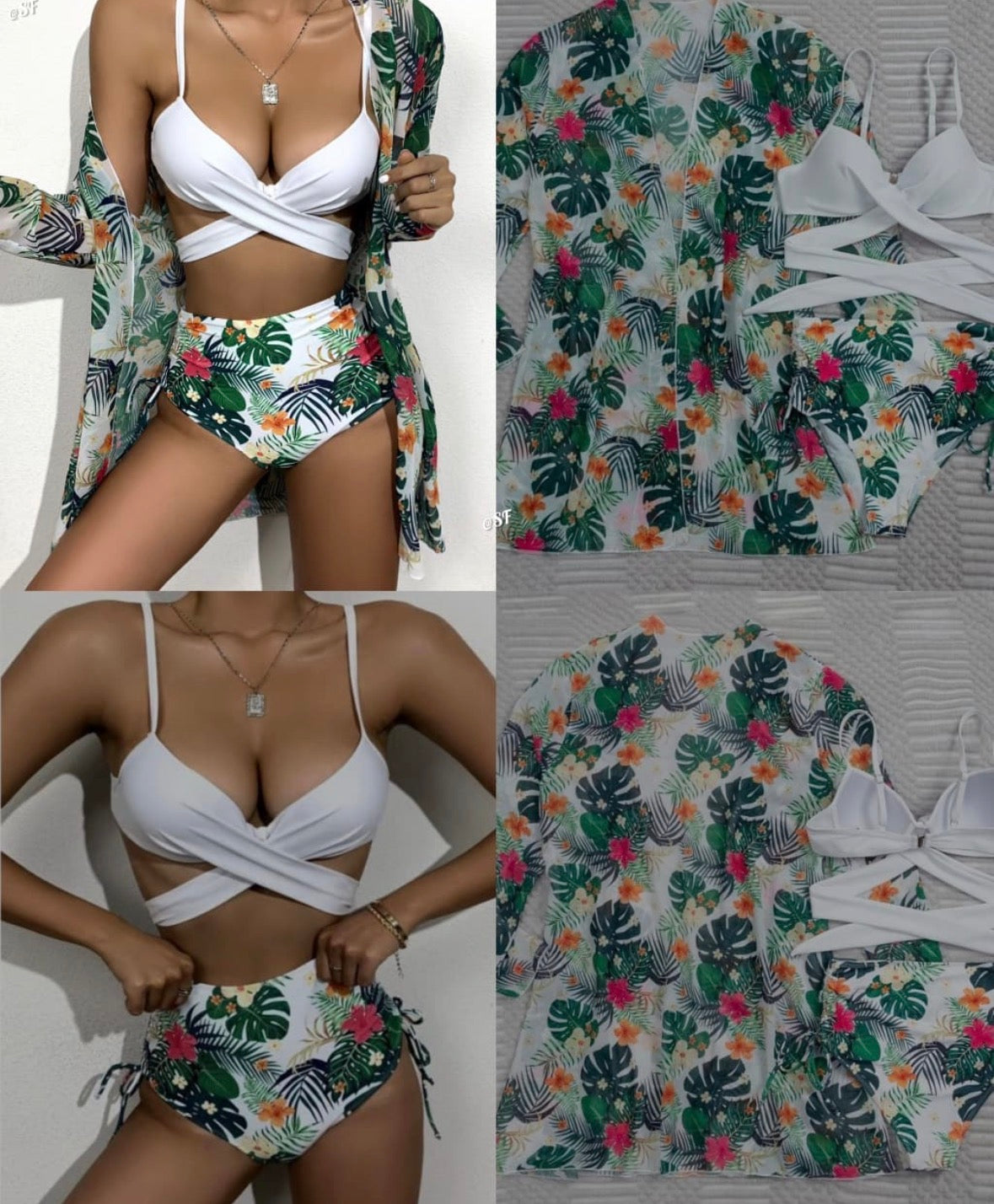 Green coat and mini panty short with white bikini top swimwear for women