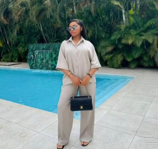 Women’s beige solid colour button shirt and solid pants 2 pc