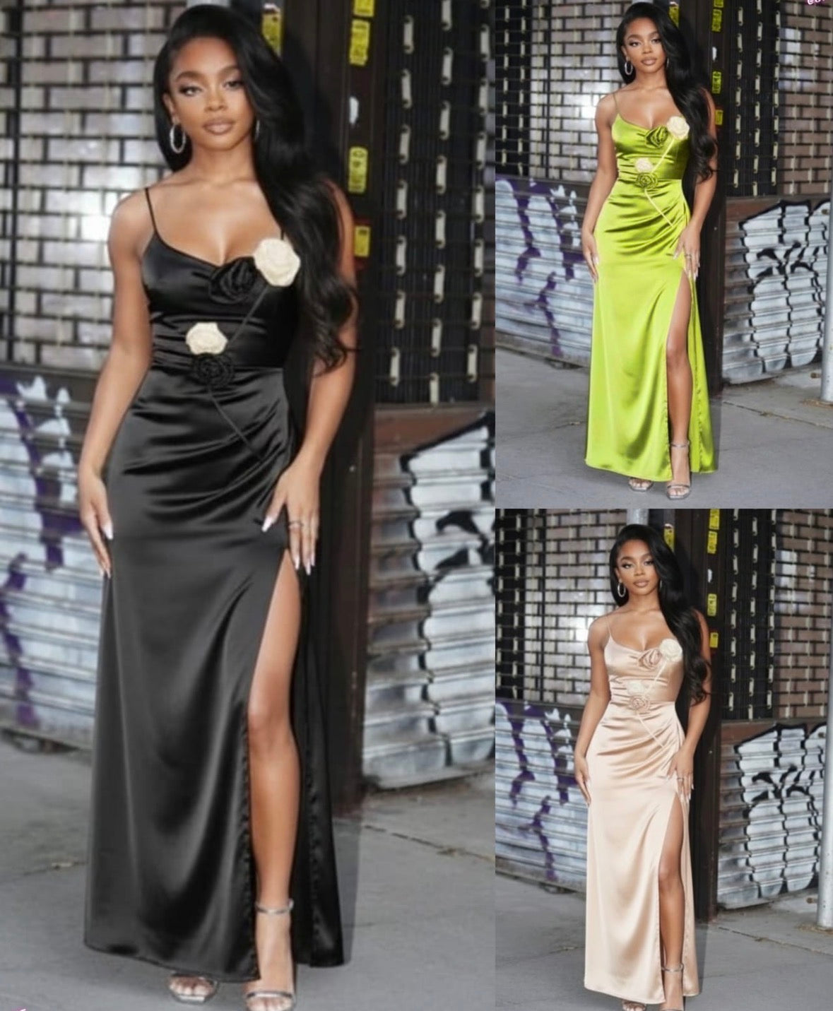 Elegant solid colour rose pattern sleeveless long dress