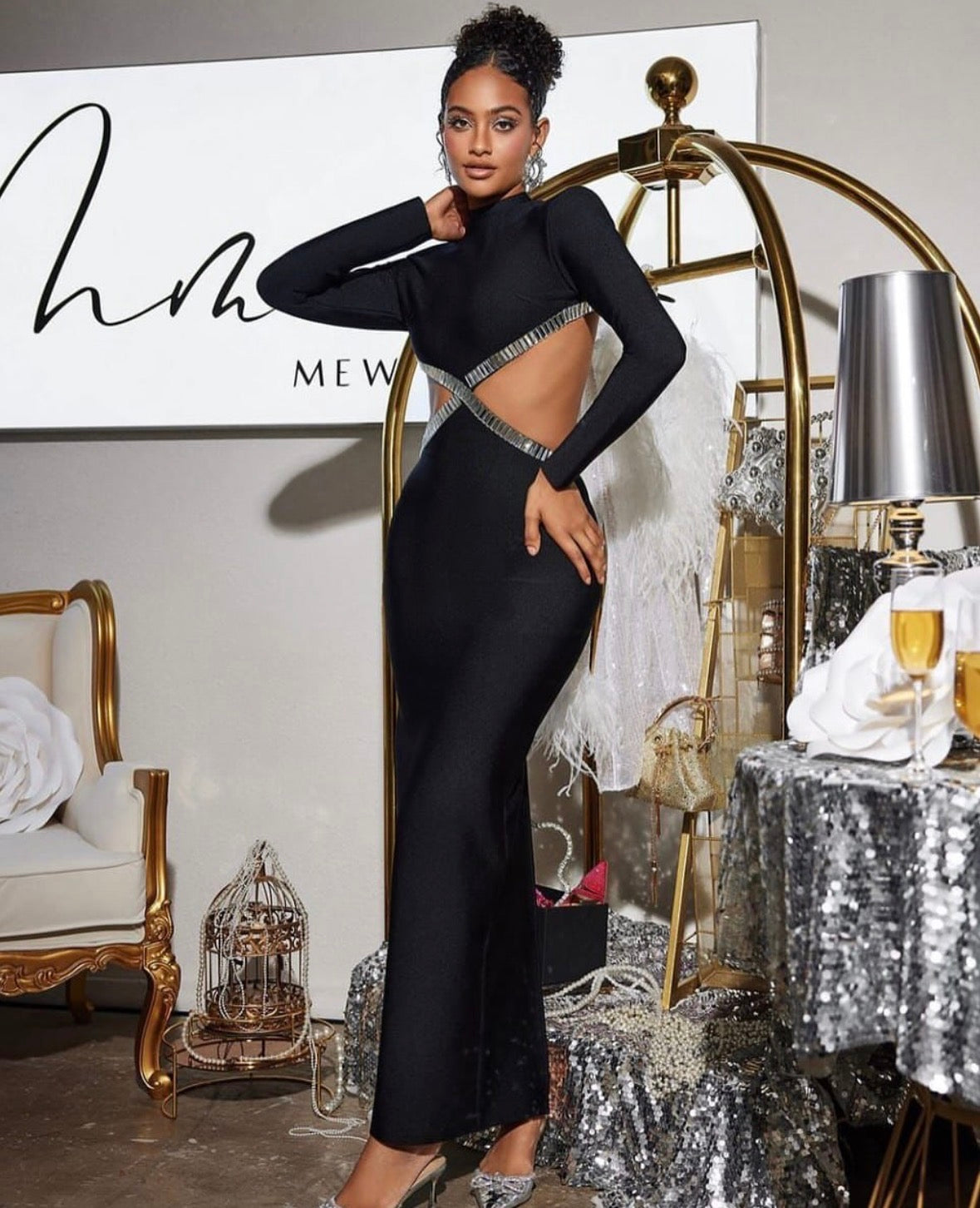 Black floral elegant black sophisticated rhinestone decor backless black long sleeve long dress