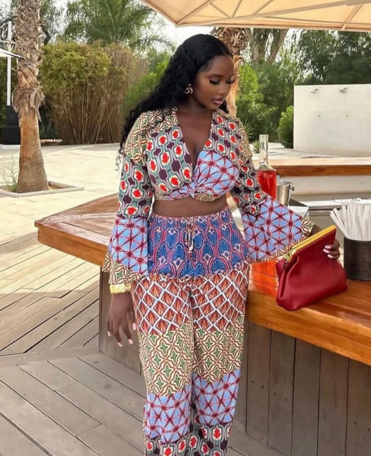 Women’s 2 pc cropped long sleeve top and multi colour loose cute pants