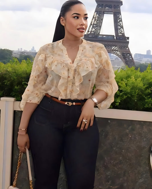 Women’s floral brown long sleeve button up shirt