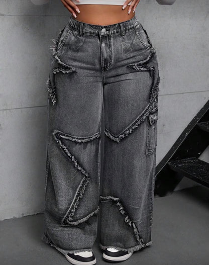Women’s dark wash star pocket loose street baggy jeans