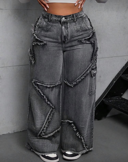 Women’s dark wash star pocket loose street baggy jeans