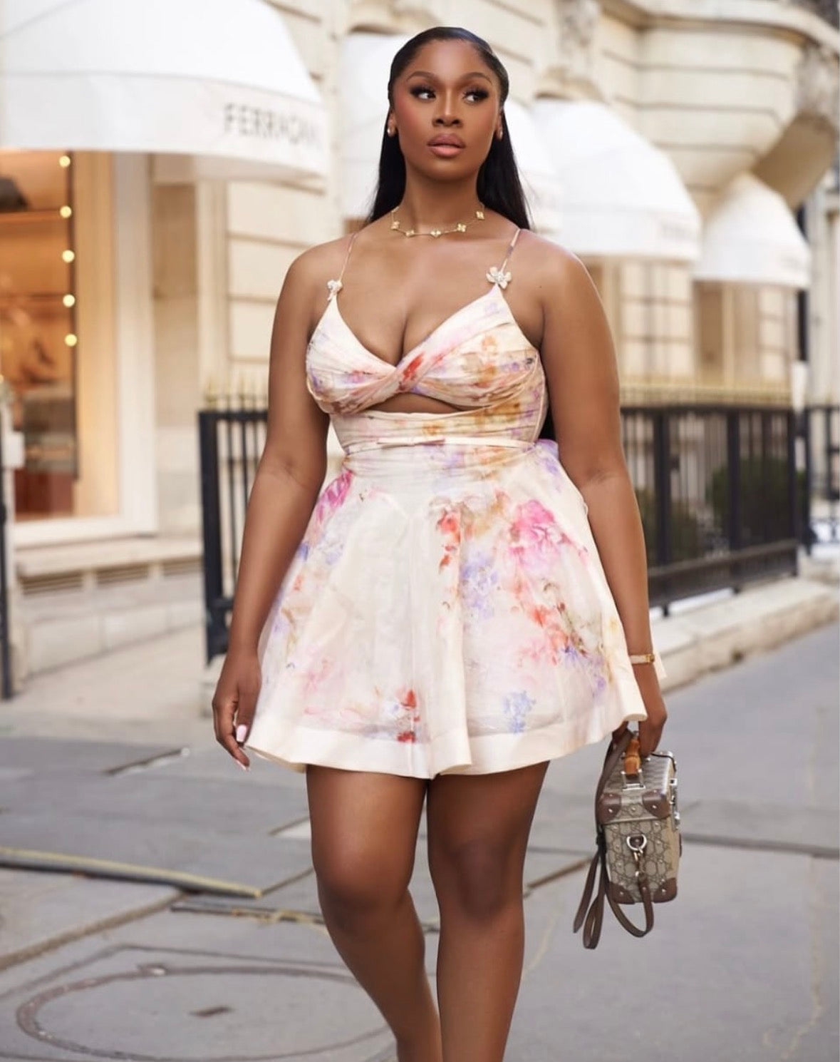 Elegant pick floral sleeveless short mini dress
