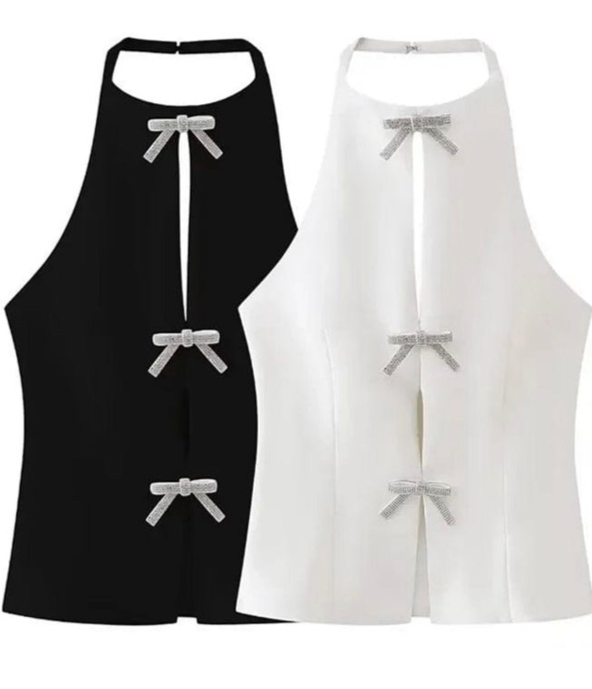 Women’s elegant vest front bow rhinestone halter top