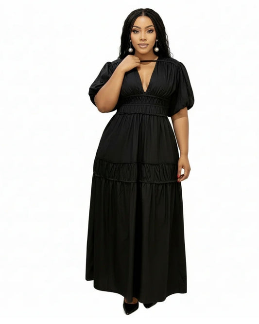 Women’s v neck mid sleeve long elegant dress for wedding and outtings