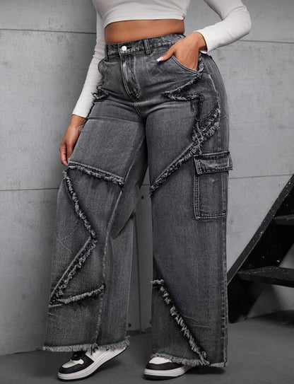 Women’s dark wash star pocket loose street baggy jeans