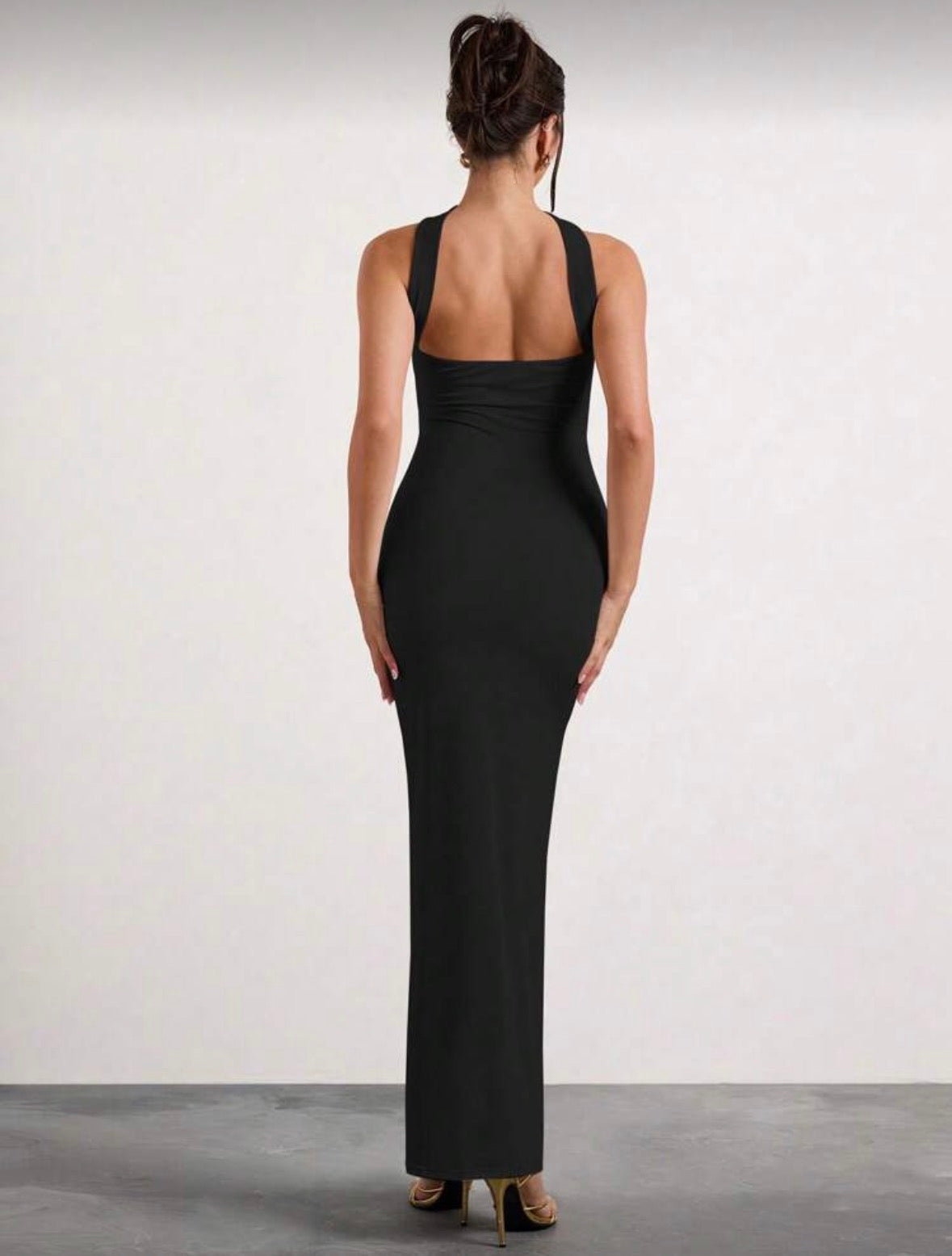 Glamine shoulder ruched halterneck solid colour dress for women