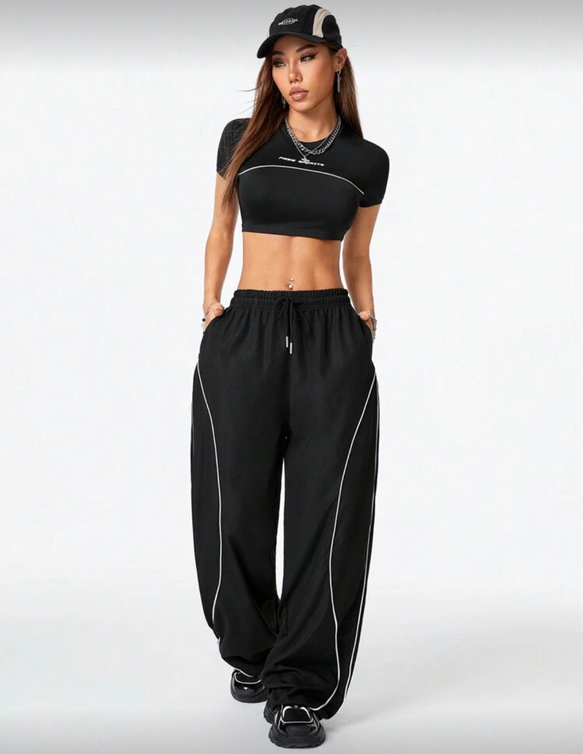 Women’s 2 pc crop top and loose baggy street tack pants