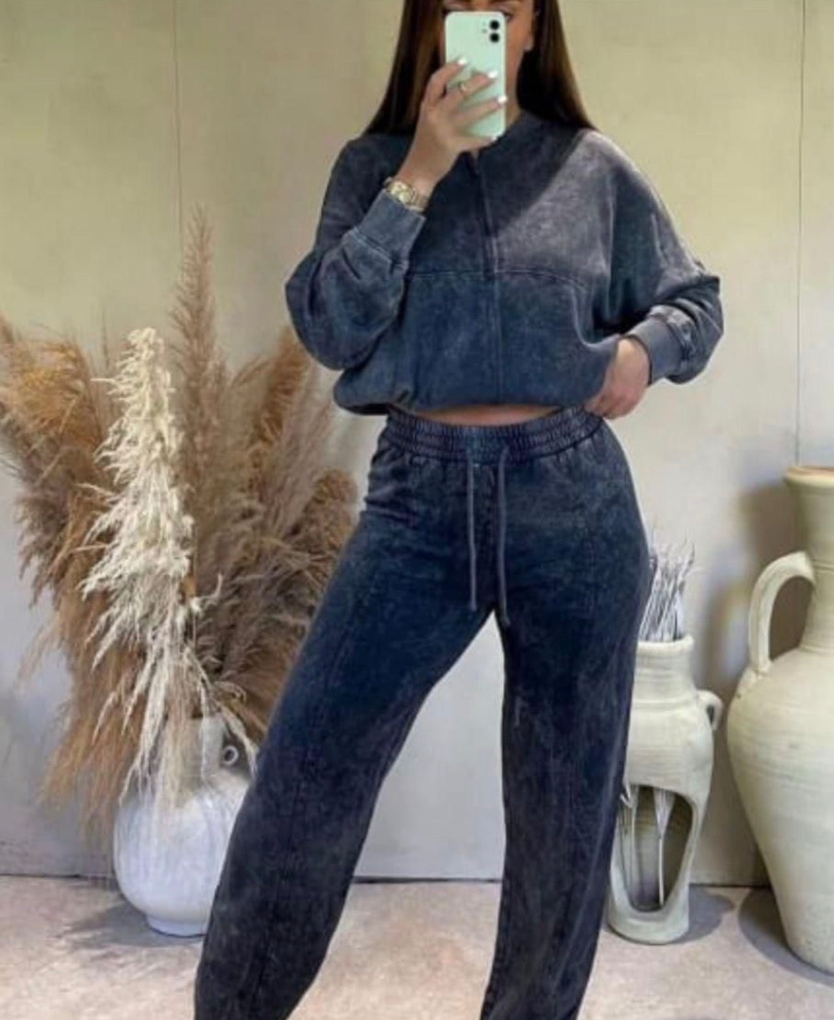 Women’s stylish street washed 2 pc jacket and loose pants