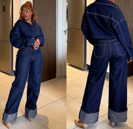 Stylish 2 pc dark wash blue denim cropped top and loose baggy jeans