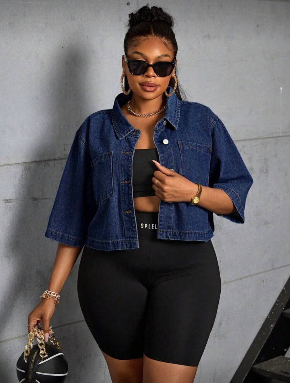 Dark wash cropped button collar shirt for women