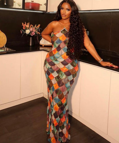 Women’s sleeveless multi colour design long elegant dress