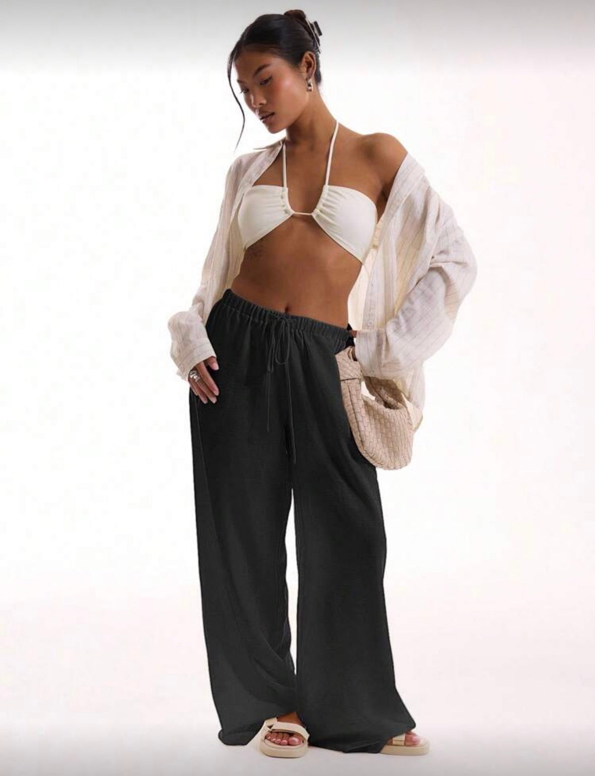 Women’s black string loose baggy solid colour pants