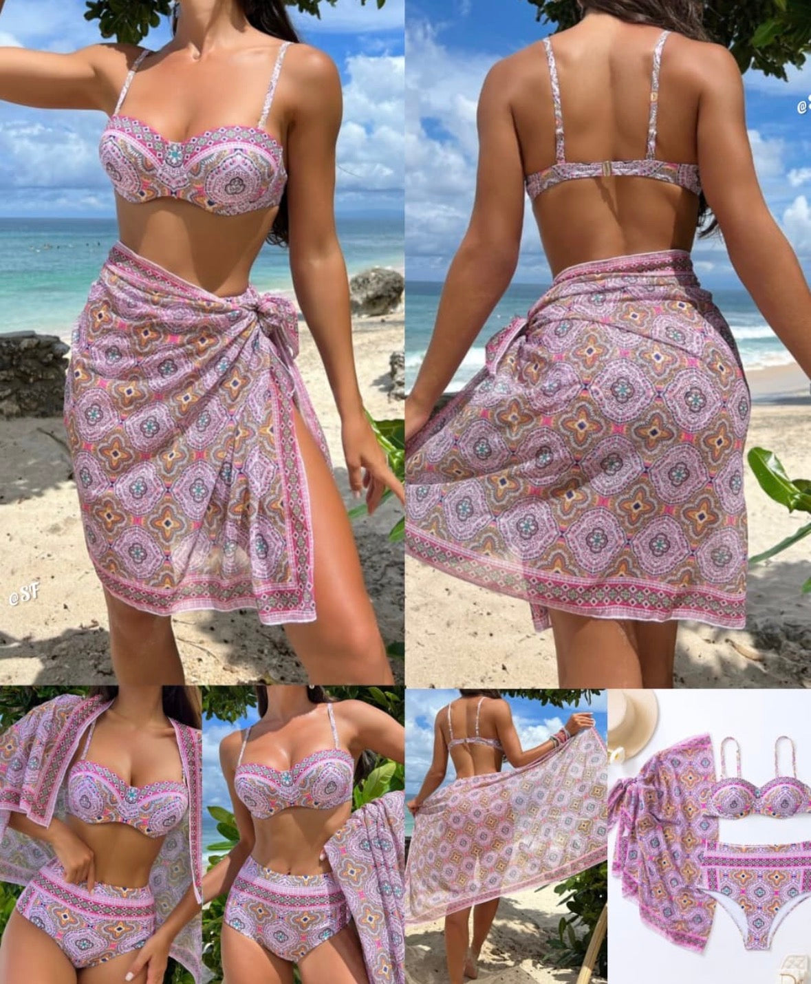 Pink unique design skirt panty and bikini 3 pc swimwear for women