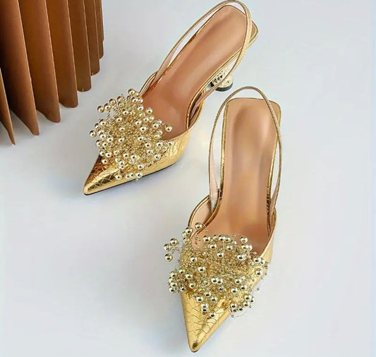 Women’s gold elegant metallic bead point toe sling back pump outdoor heels