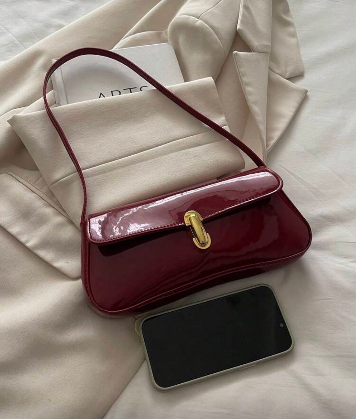 Leather red shoulder bag handbag for women