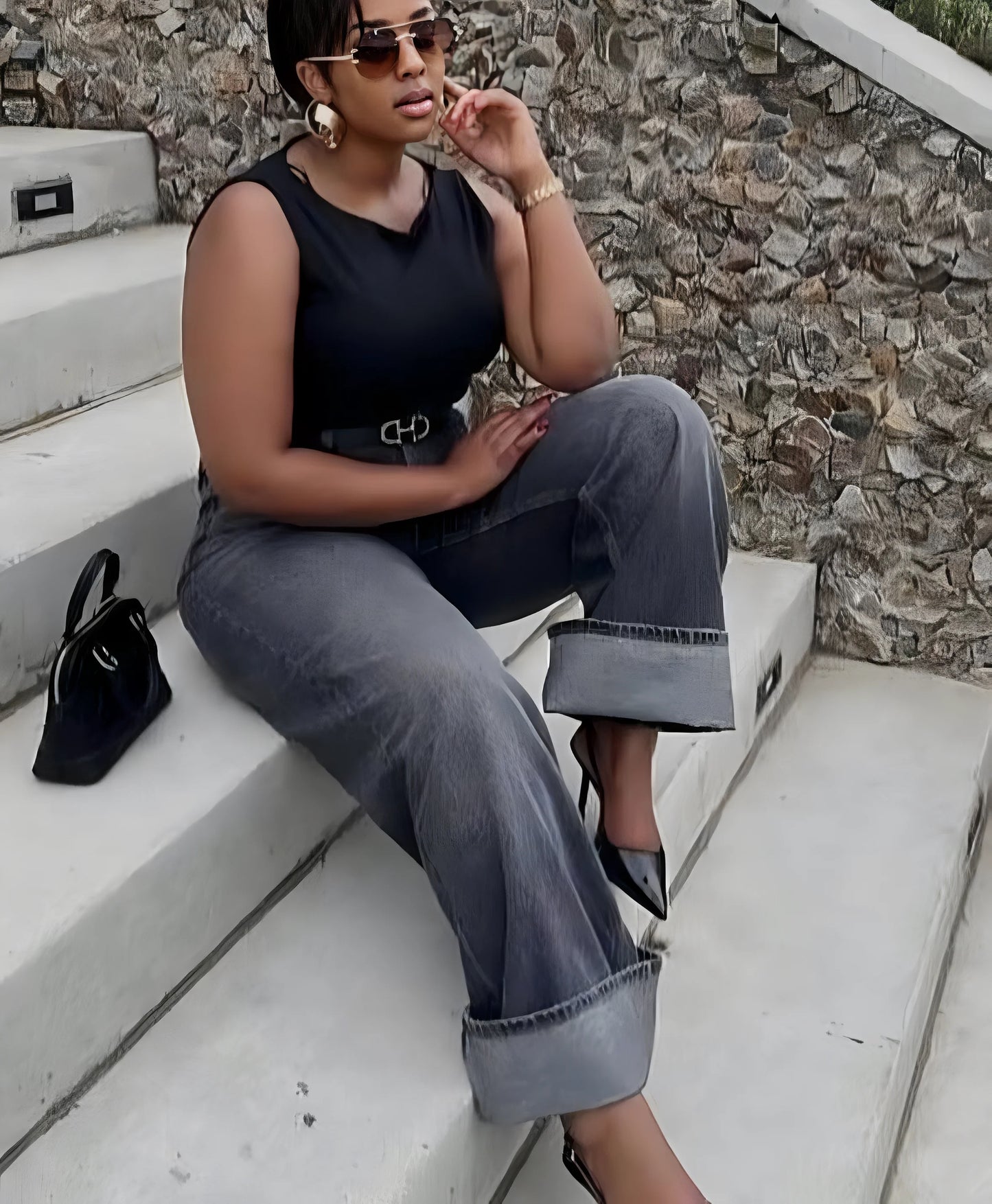 Women’s loose wide street elegant grey washed jeans