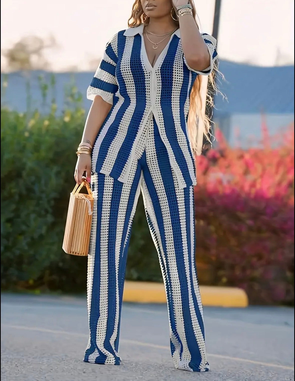 Knit summer striped 2 pc short sleeve shirt and pants for women