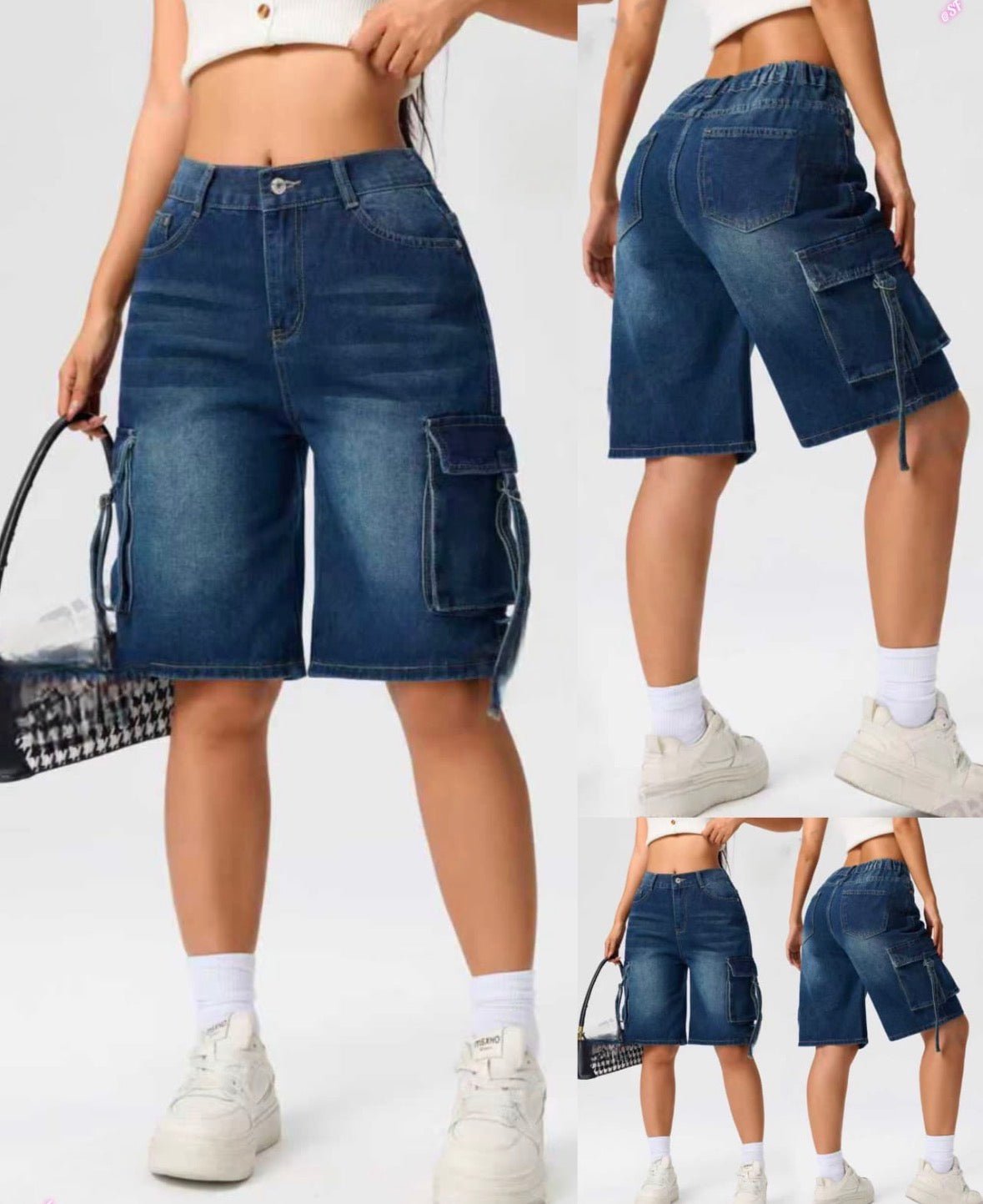 Women’s dark wash pocket string faded jean shorts