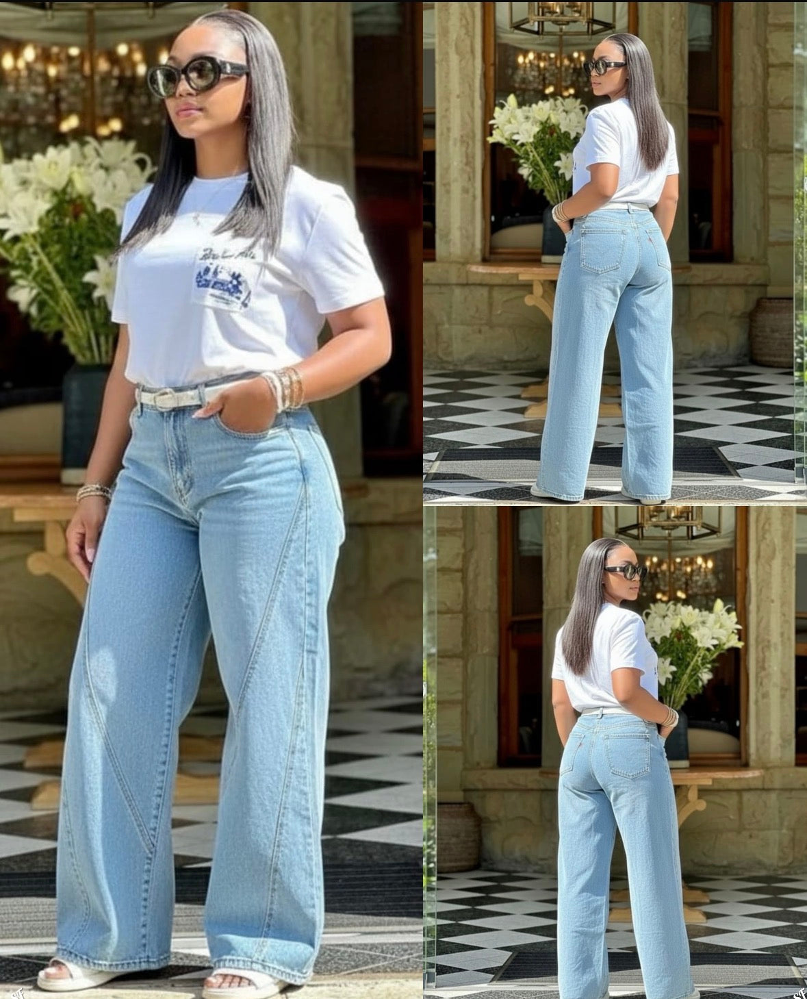 Women’s striped light wash solid colour elegant denim jeans