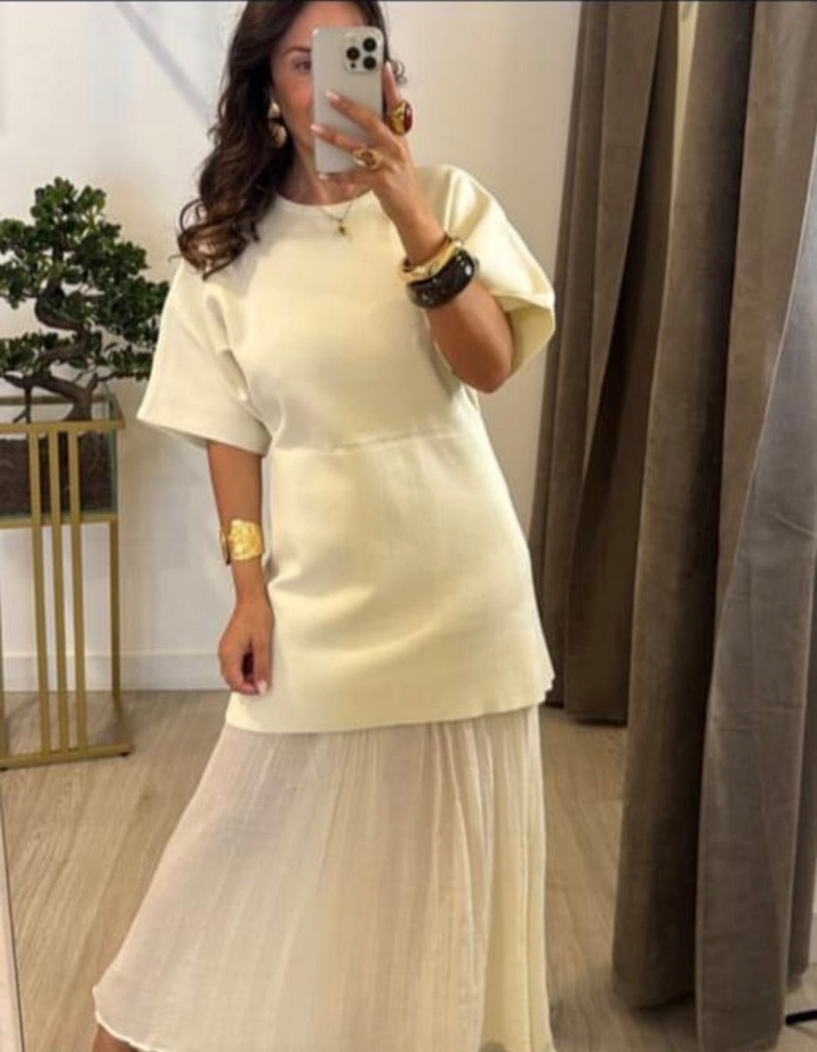 Women’s half sleeve round neck patch work design dress with oversized shirt