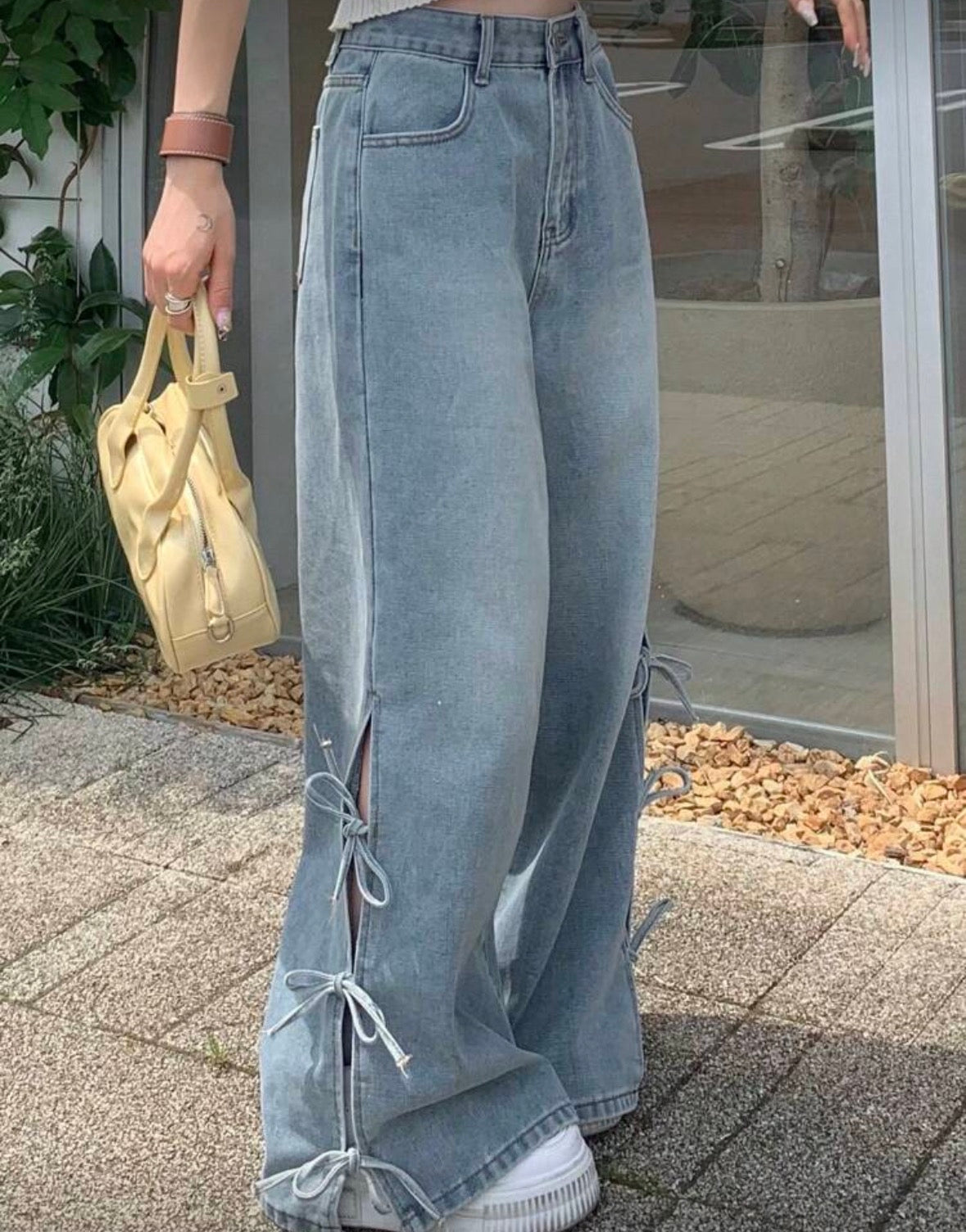 Women's High Waisted Straight Leg Jeans With Bowknot Detail At Ankle,Back To School Clothes