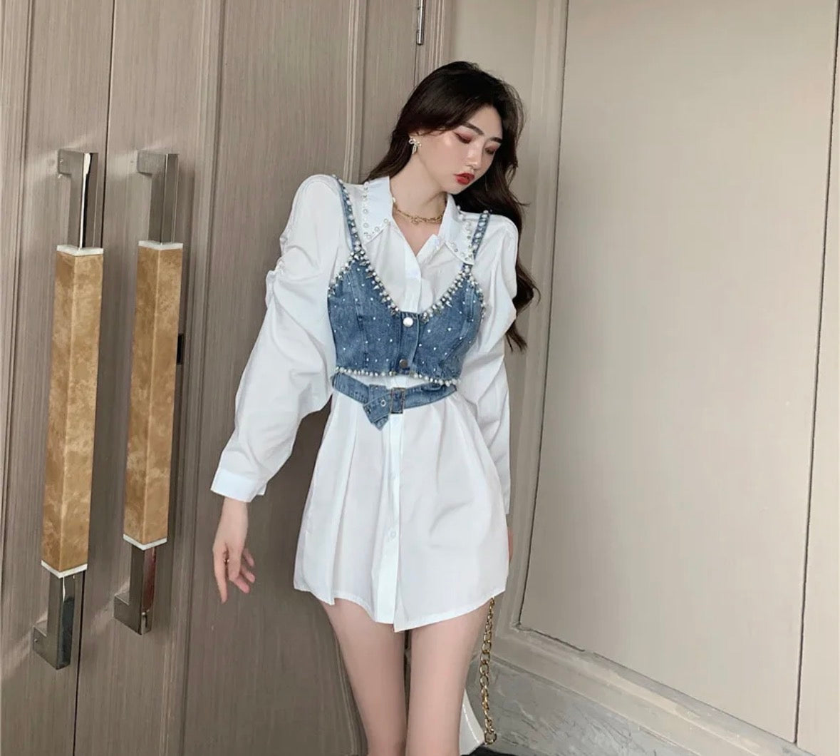 Denim cute elegant medium wash strap on top for women