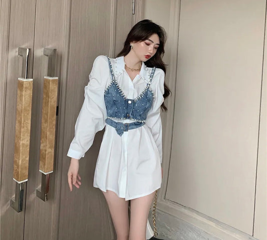 Denim cute elegant medium wash strap on top for women