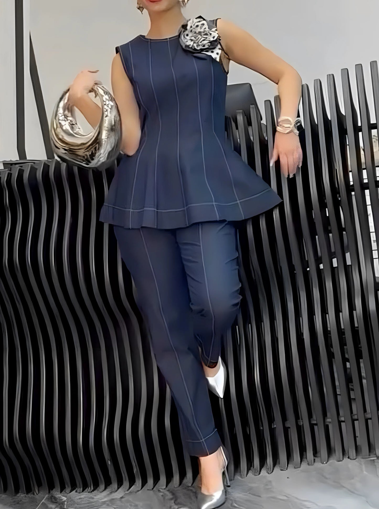 Dark blue 2 pc vest with zip and unique design loose pants