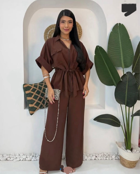 Women's  2 pc Casual Business Loose Short Sleeve Single-Breasted Shirt And Pants Set, Autumn