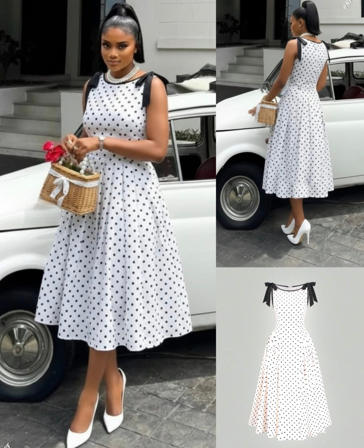 Black spot white sleeveless long dress