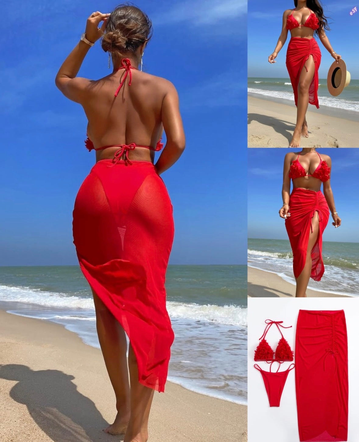 2 pc solid colour red bra and long open skirt bathing suit swimwear