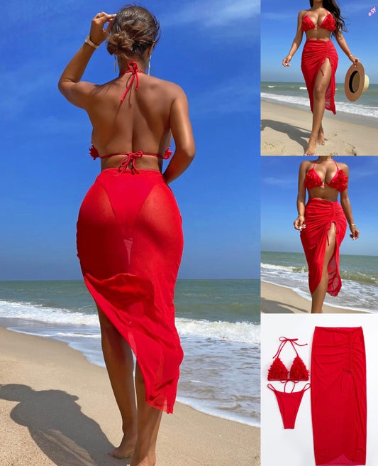 2 pc solid colour red bra and long open skirt bathing suit swimwear