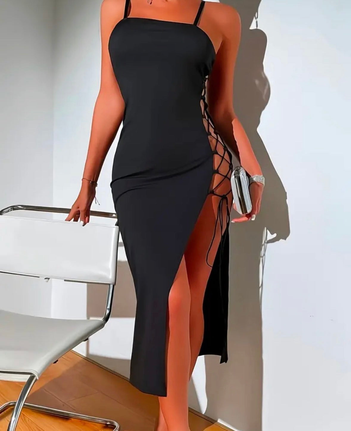Sexy solid black sleeveless string side dress