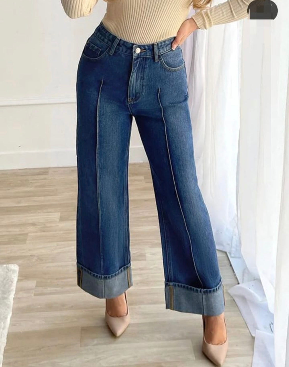Women’s dark blue denim pocket loose vintage jeans
