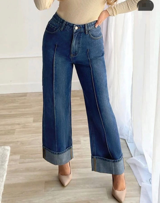 Women’s dark blue denim pocket loose vintage jeans