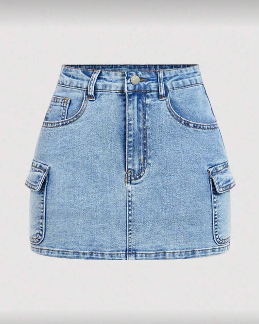 Cargo denim mini light wash skirt for women