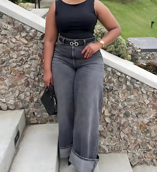 Women’s loose wide street elegant grey washed jeans