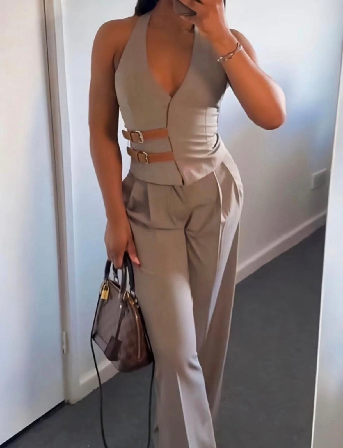 Women’s elegant formal  brown 2 piece vest with brown strap buckle and loose pants