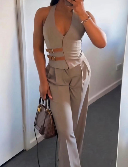 Women’s elegant formal  brown 2 piece vest with brown strap buckle and loose pants
