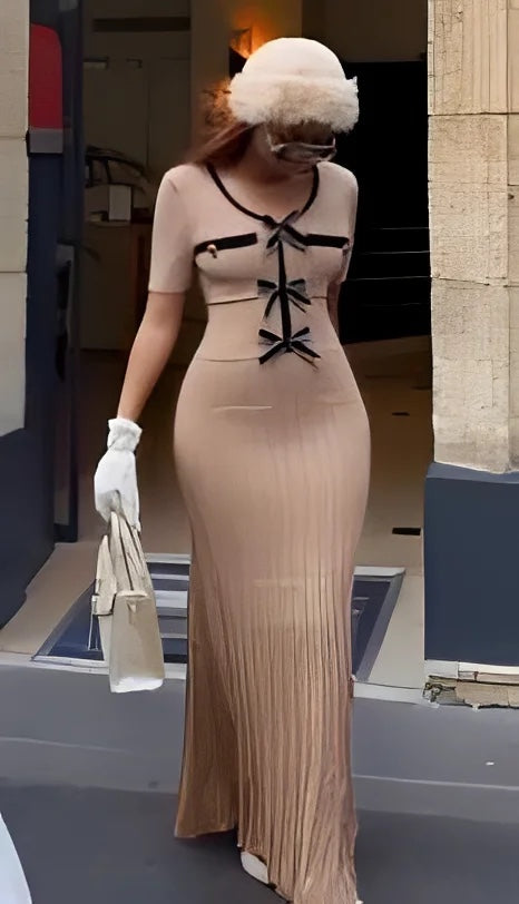 Women’s pocket bow tie long mid sleeve v neck dress