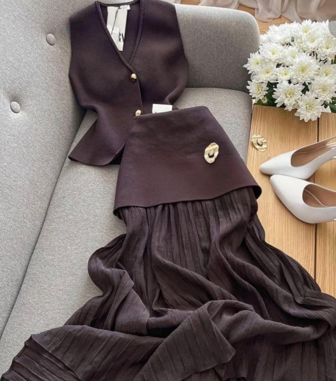 Women’s elegant 2 pc button vest and long formal skirt