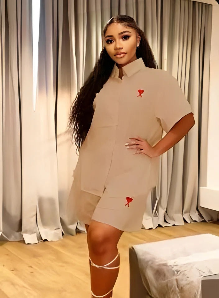 Women’s 2 pc casual button up short sleeve shirt and shorts with unique logo design