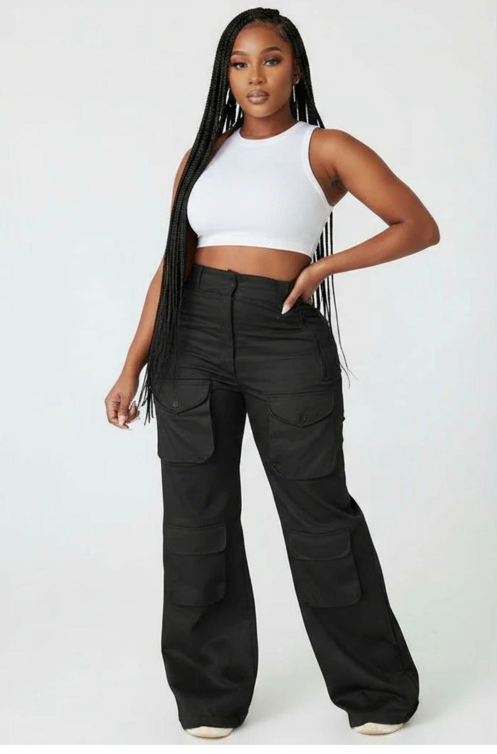 Solid colour pocket loose straight cargo pants for women